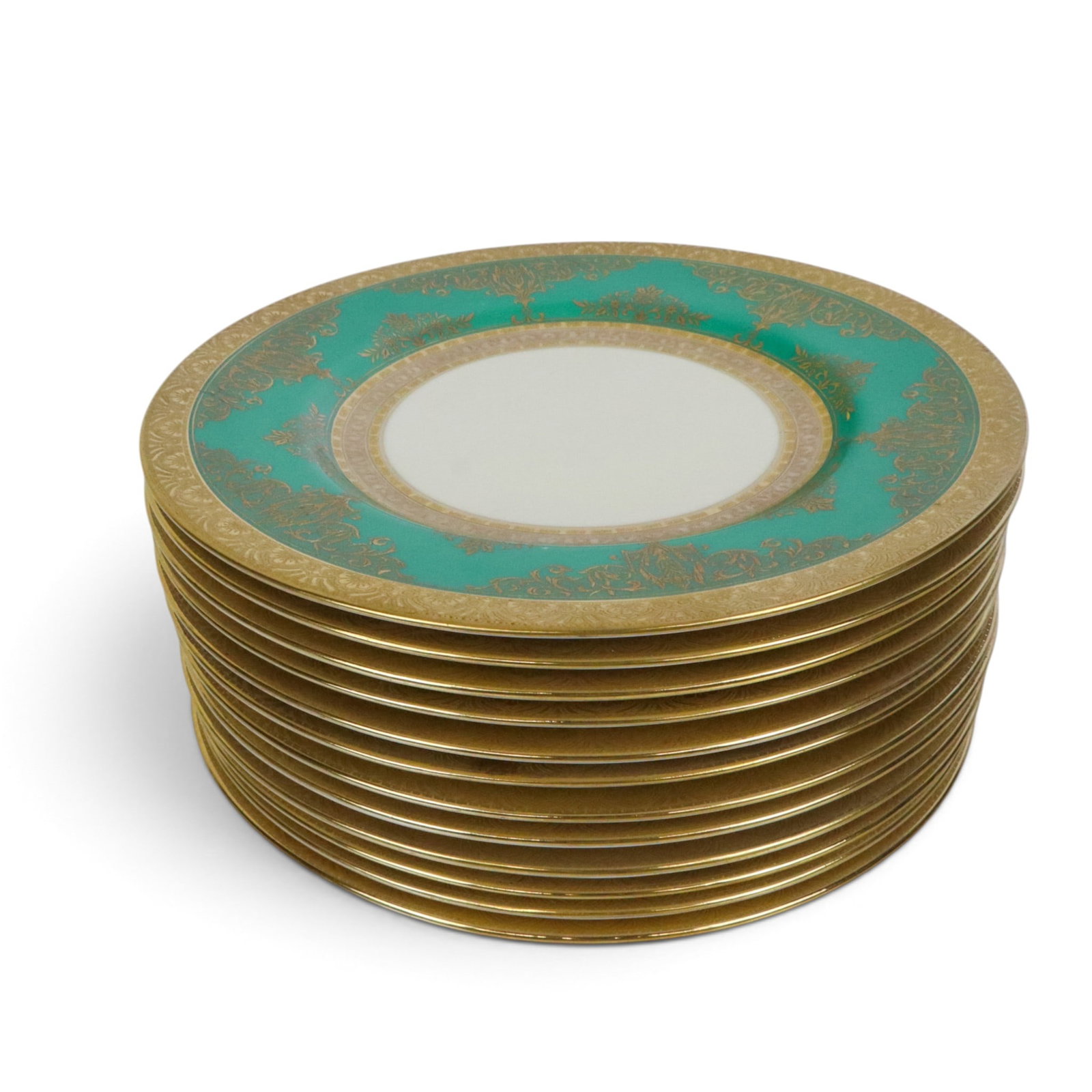 Mintons Green & Gilt Decorated Plates, 12: Mintons for Ovington Brothers set of twelve Louis XV inspired green, gilt and cream decorated dinner plates, English, probably early 20th century, mark to underside of base. [12" Diameter]. Overall co
