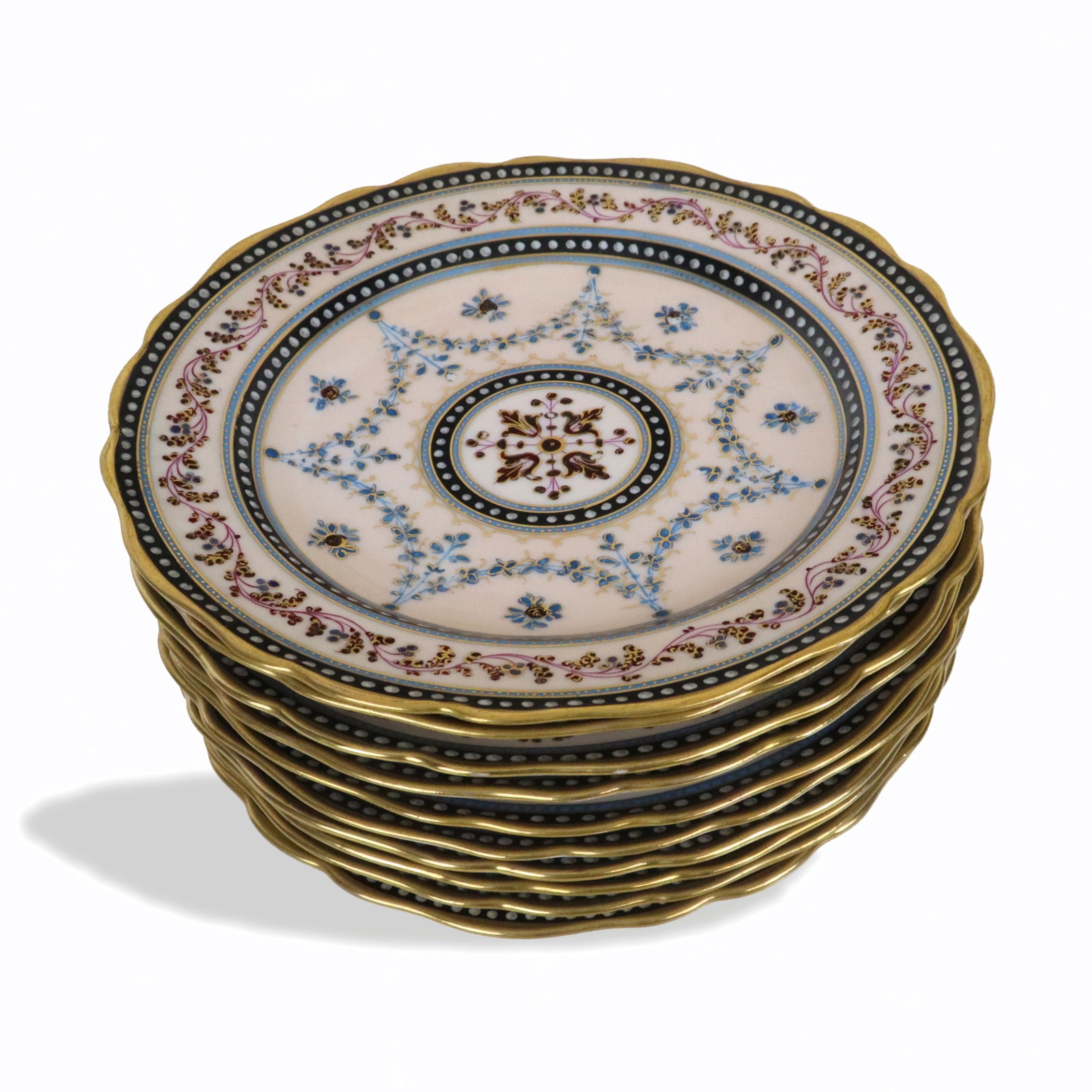 Continental Porcelain Dessert Plates, 10: Set of ten continental porcelain Aesthetic Movement decorated dessert plates, the pale pink ground, with scrolling vine and grapes in maroon and blue, and swags of blue flowers and gilt accents, mark 