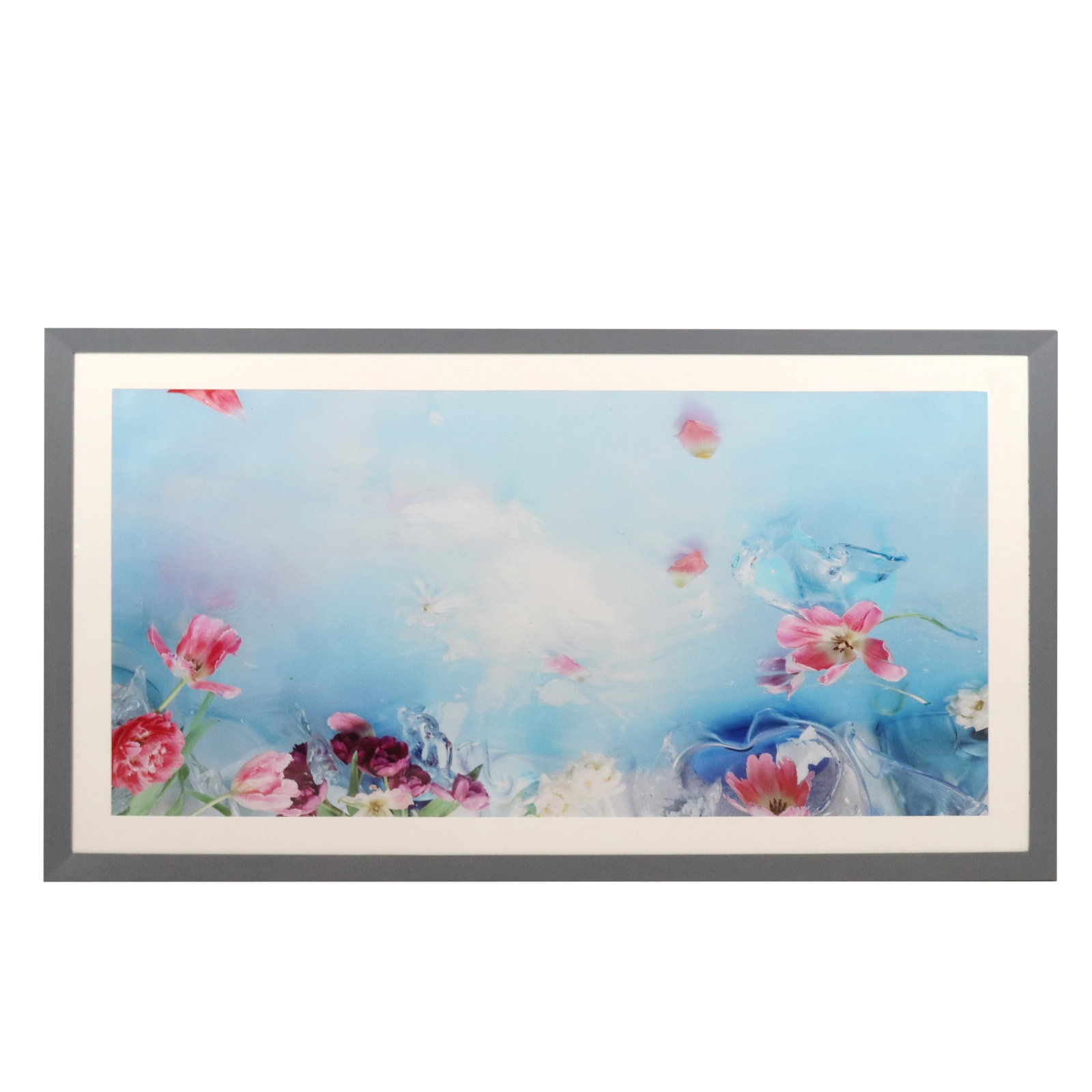 Attrib Margriet SMULDERS Flowers in Water, Print: Attributed to Margriet Smulders (Dutch, B. 1955) large cibachrome print, depicting colorful flowers surrounding a pale blue pool of water. [Image: 35 x 66 in.; Framed: 45 x 76 in.]. Good condition. Pr