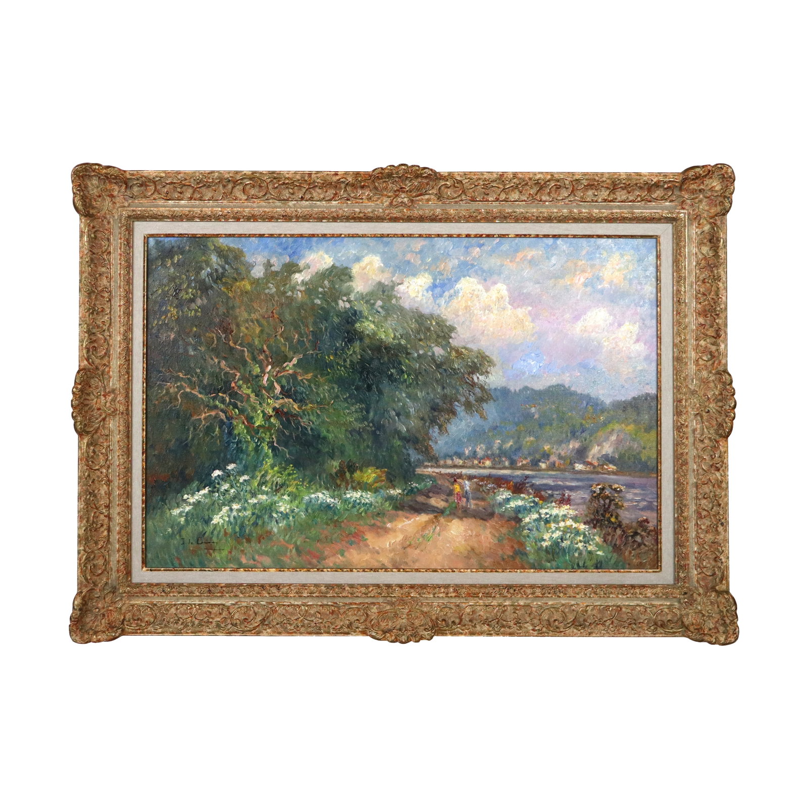 Isabelle de GANAY "La Bouille en Ete" Oil/Canvas: Isabelle de Ganay (French, b. 1960) impressionist oil on canvas, "La Bouille en Ete," signed lower left "I de Ganay" and titled to verso with other inscriptions, bearing labels to verso for Wally Find