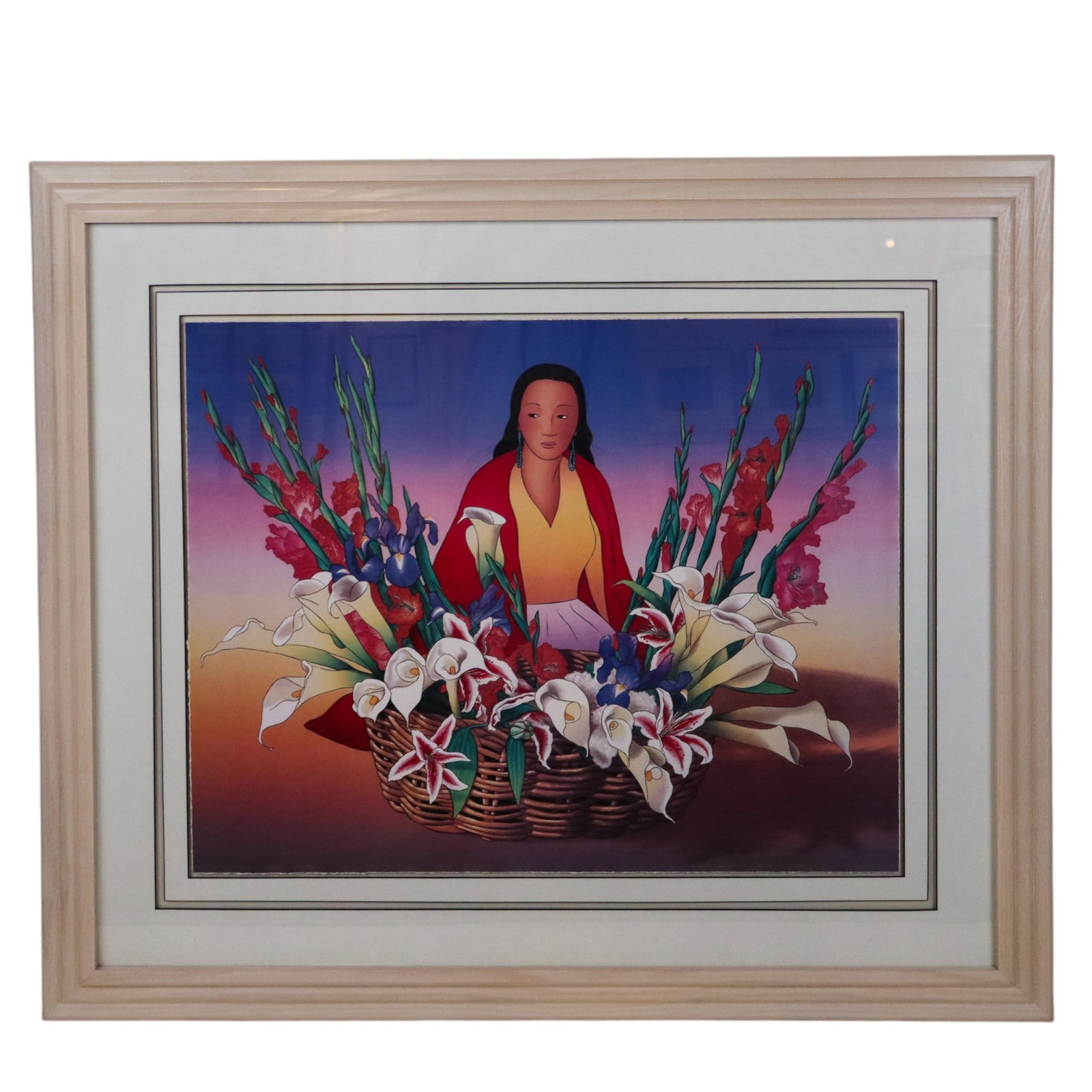 After R.C. GORMAN "Florecita" Art Print: Reproduction art print after R.C. Gorman (Navajo, 1931-2005), "Floracita". [Sheet: 22" H x 28" W; Frame: 35" H x 40.5" W]. Good condition.