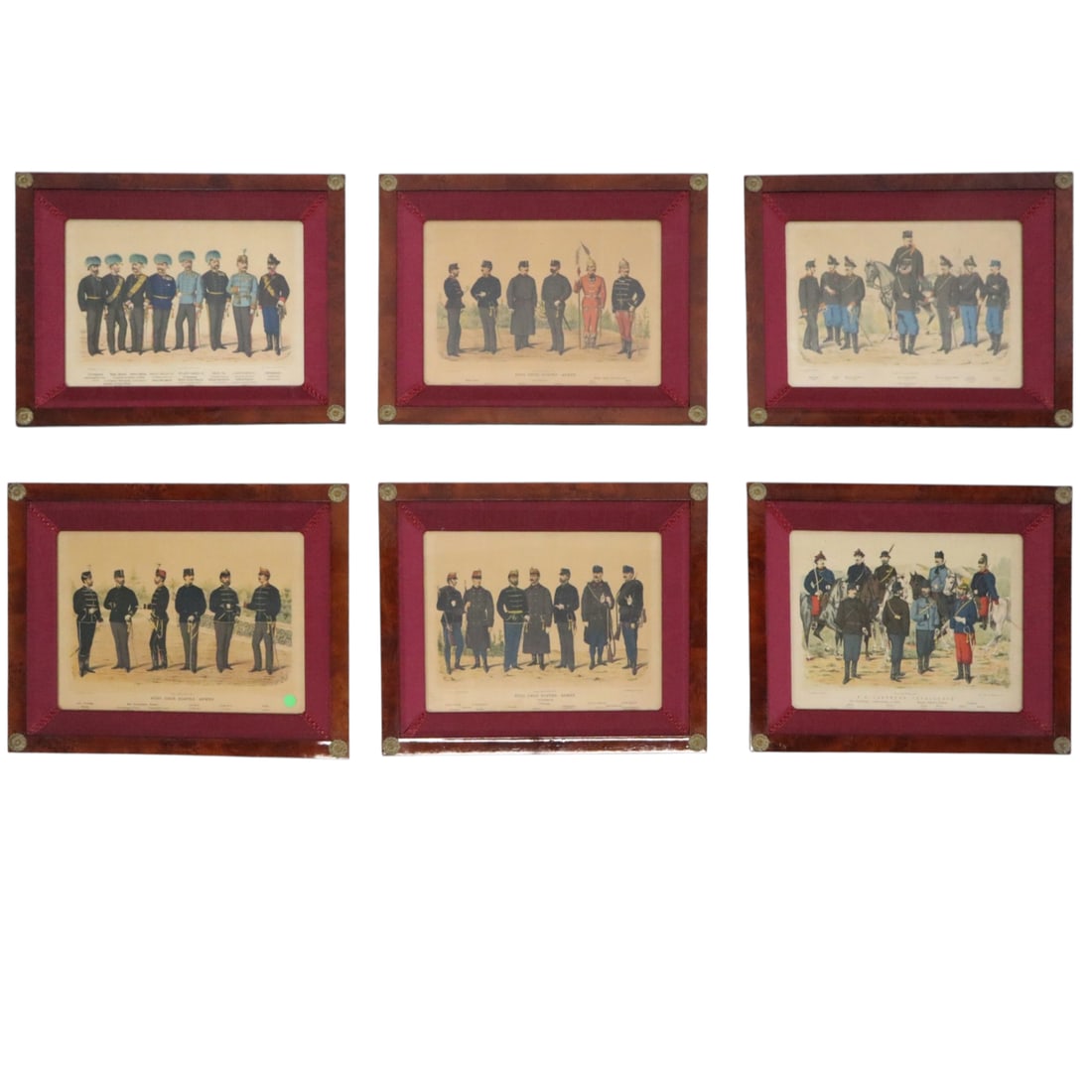 Lot of 6 Austro-Hungarian Military Engravings: Collection of six hand-colored engravings, late 19th-early 20th century, each depicting Austro-Hungarian military scenes. [Sight: 11.5" H x 15" W; Frames: 17.25" H x 21" W]. Toning, foxing, and other 