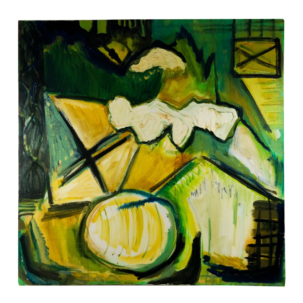 Roberta CROWN: Modern Abstract Still Life Painting: Roberta Crown (American, b. 1946) oil and acrylic on canvas painting of a modern abstract still life or landscape, unframed. Signature not found. [30" x 30"]. Scattered accretions and rubbing.