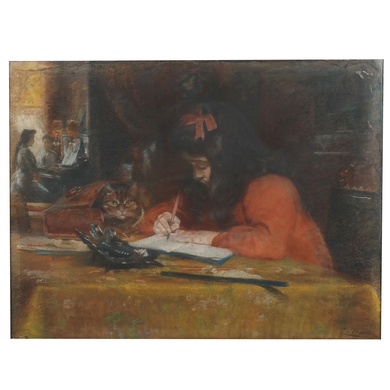 Karel BOOM: Young Girl with Cat - Framed Work: Karel (Charles) Boom (Belgian, 1858-1939) framed under glass 19th century work of a young girl writing in a diary beside a cat; signed lower right "Ch. Boom". [Sight: 28 1/2" H x 38" W; Frame: 43 3/4"