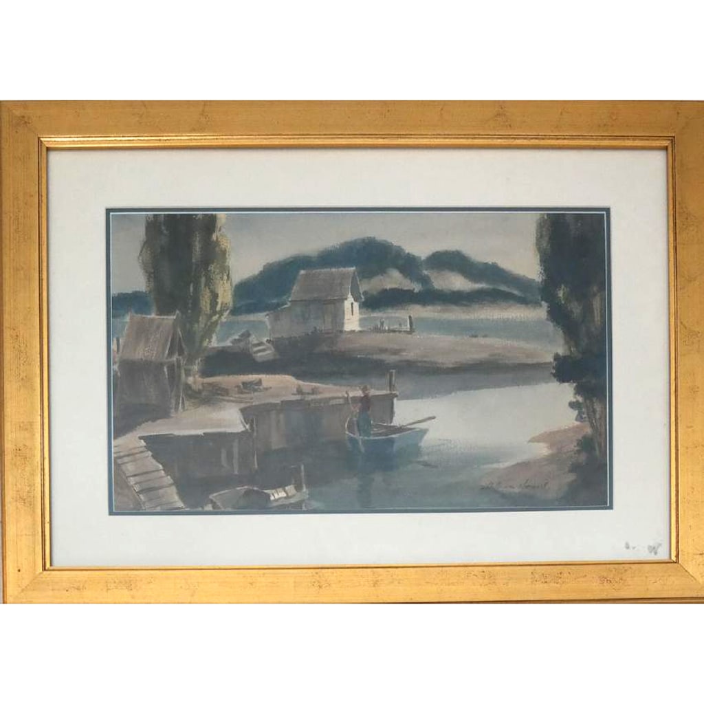 William (Bill) HENRY: Painting - Florida: Regionalist watercolor with dock, boats and houses, signed "William Henry". [14 1/2 x 24 inches; Frame: 26 x 35 inches].