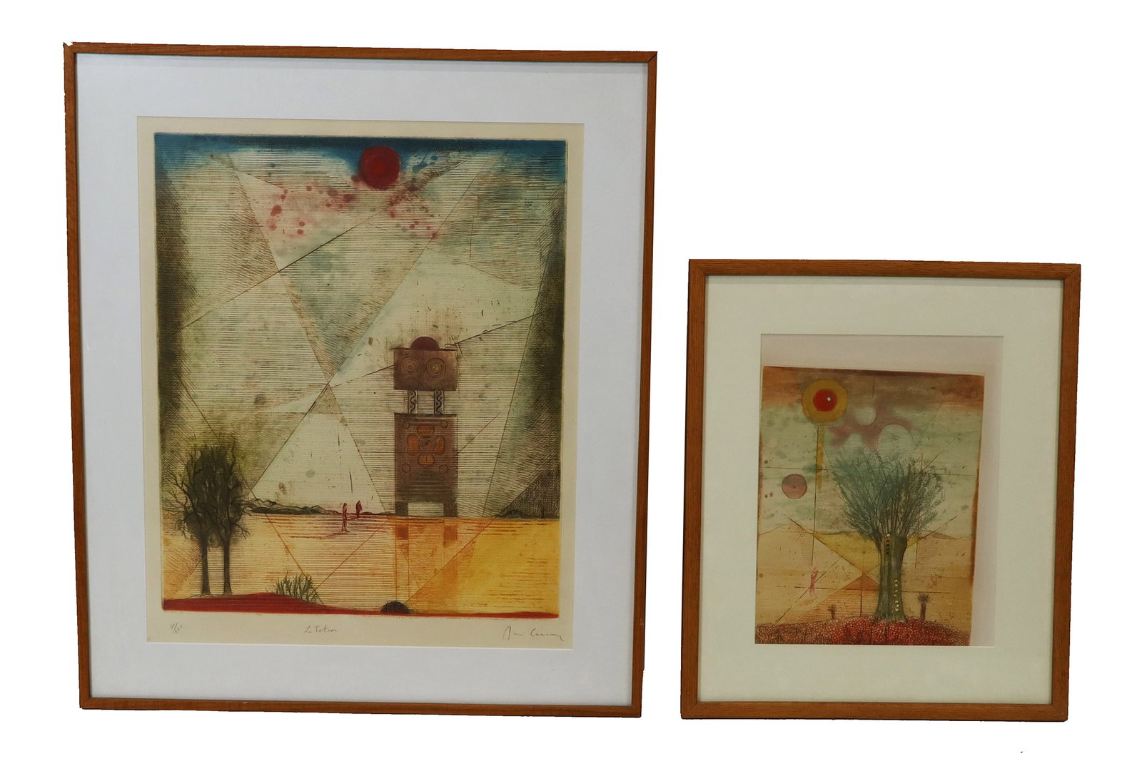 Rene CARCAN: 2 Surrealist Aquatint Etchings: Rene Carcan (Belgian, 1925-1993) group of two matted and framed aquatint etchings, including: a surrealist landscape titled "Le Totem", pencil signed lower right, titled lower center, and numbered low