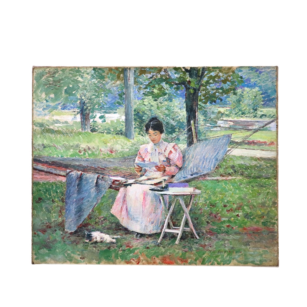 Aft Theodore ROBINSON Giclee Print, Correspondence: After Theodore Robinson (1852-1896) giclee print on canvas, reproduction of "Correspondence" originally painted in 1895, unframed. [18.25" H x 22.25" W]. Overall good condition.