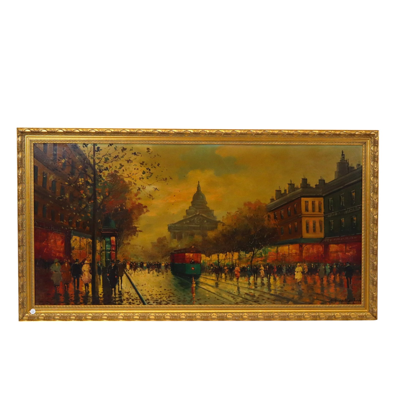 Antoine BLANCHARD Parisian Street Scene Oil/Canvas: Antoine Blanchard (French, 1910-1988) oil on canvas, Parisian street scene with figures and tram, signed lower right. [Canvas: 24" H x 48" W; Frame: 28" H x 52" W]. Overall good condition, light wear.