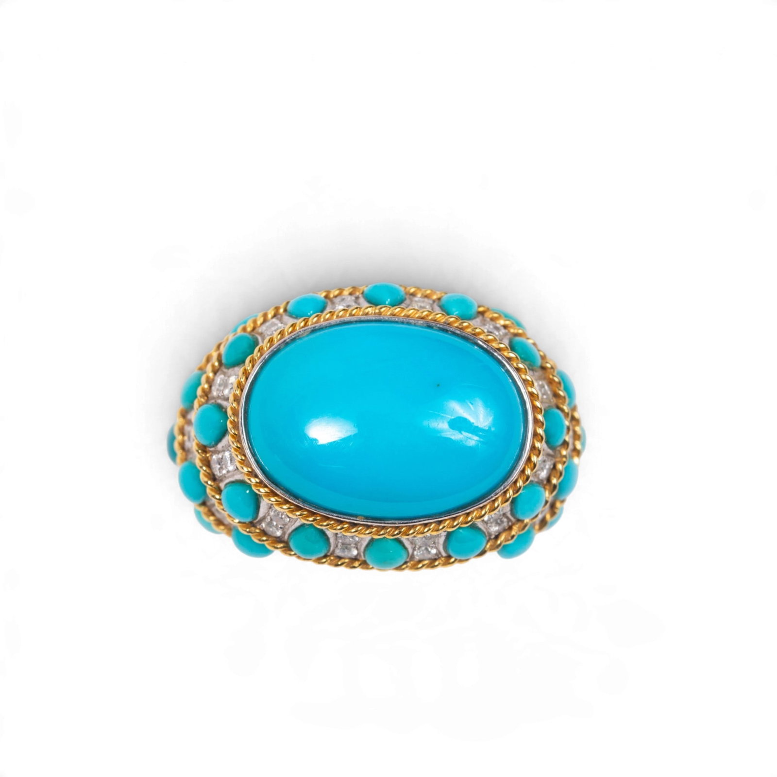 Turquoise, Diamond & Bicolored Gold Ring: Turquoise, diamond and bicolored 18K gold bombe ring, with teardrop cabochon turquoise, diamonds and twisted yellow gold wire, surmounted by an oval turquoise cabochon, fifty-two small round diamonds,