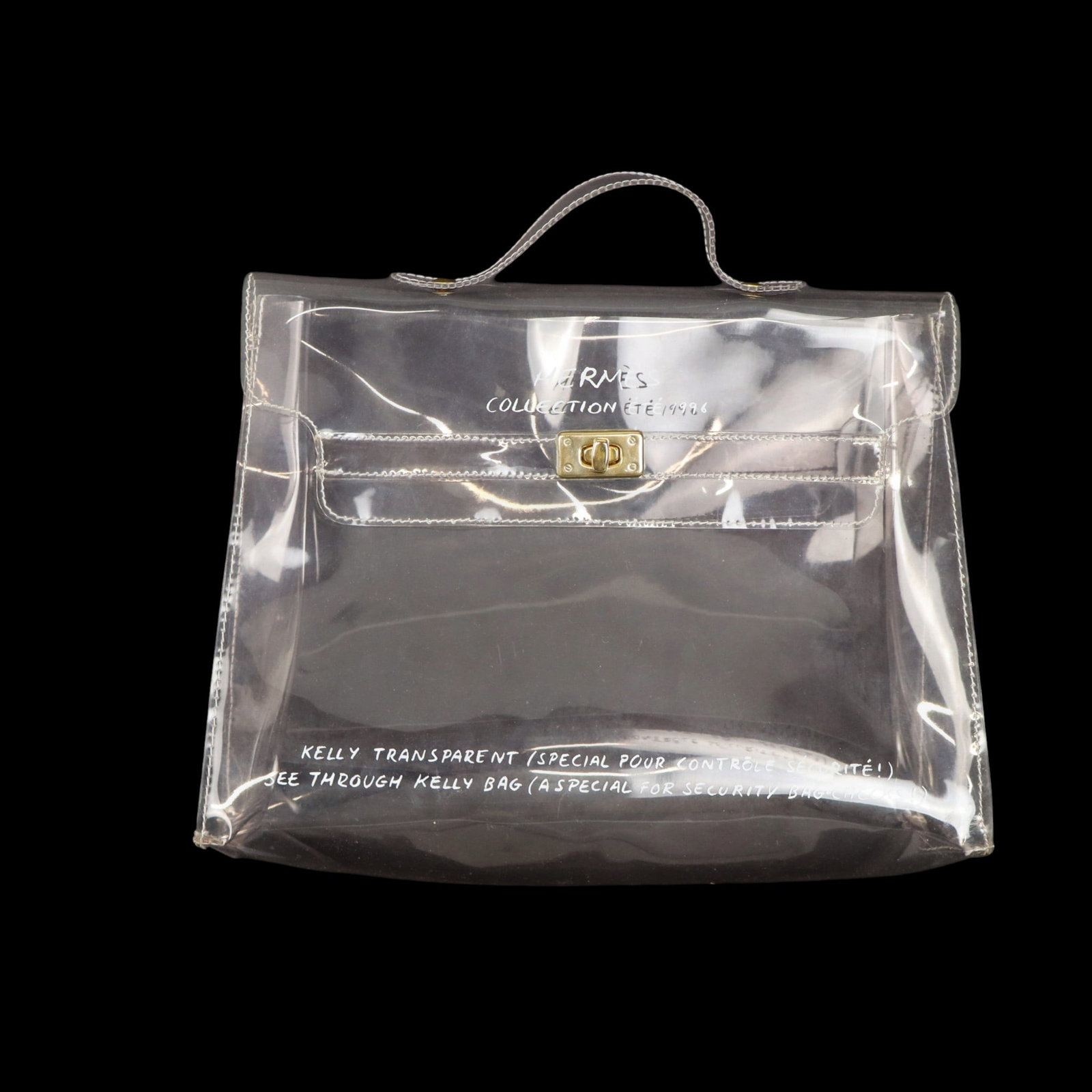 Hermes "Kelly Transparent" Vinyl Handbag: Hermes "Kelly Transparent" vinyl handbag, 1996, marked Hermes Collection Ete 1996 to upper, and inscribed in French and English "Kelly Transparent (Special Pour Condole Securite!) / See Through Kelly 