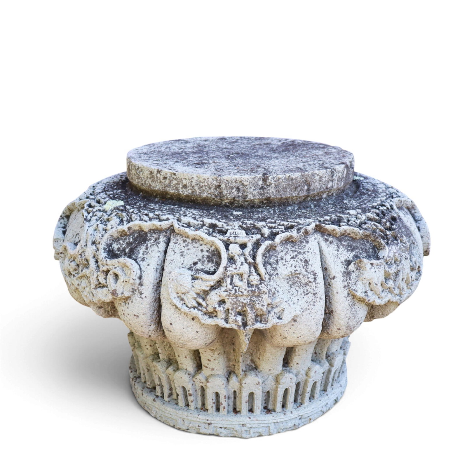 Southeast Asian Carved Stone Stand: Southeast Asian carved stone stand with floral inlay and tiered top. [16" H x 24" Diameter]. Condition is good with surface wear.