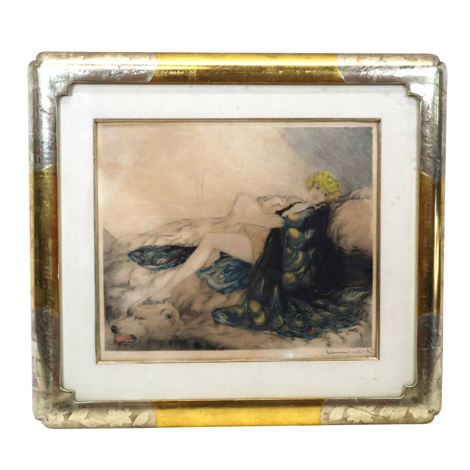 Louis ICART Reclining Lady, Engraving: Louis Icart (French, 1888-1950) hand-colored engraving, woman lounging on bearskin rug, pencil signed lower right, with blindstamp and possible edition lower left "A/36" (?), copyright 1926 by les Gra