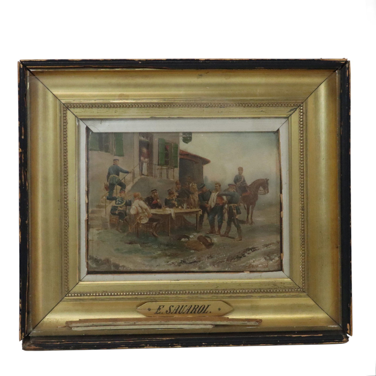 E. SAVAROL Military Scene, Oil on Canvas: Late 19th-early 20th century oil on canvas after Alphonse Marie Adolphe de Neuville (French, b. 1880), "The Dispatch-Bearer," signed lower right "Savarol" (?), contained in a frame with artists plaque