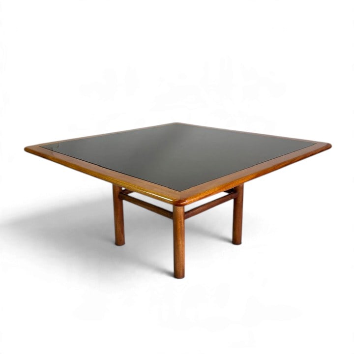 Mid-Century Modern Teak and Granite Table: Finely Craved Mid-Century Modern teak and granite inset table, 20th century, marked RAD with edition 4/94 to lower. [30" H x 60" Square]. Condition is good. Removed from Meadow Lane Southampton