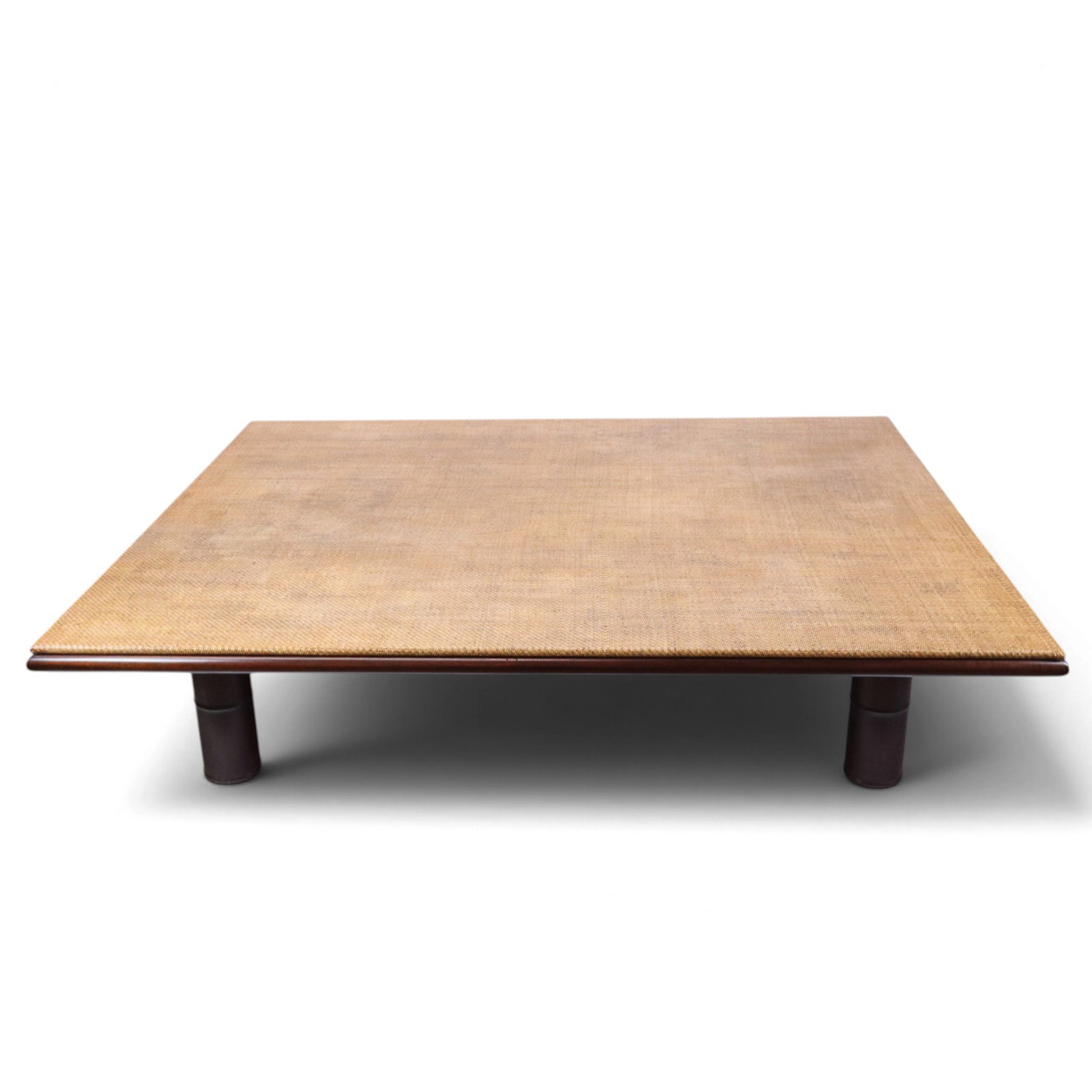 Mid-Century Modern Bed as a Coffee Table: Mid-Century Modern bed as a coffee table, mid-20th century, with a woven top and carved bamboo form legs, marked RAD with edition 12/30. [21" H x 72" W x 90" D]. Condition is good with normal surface 