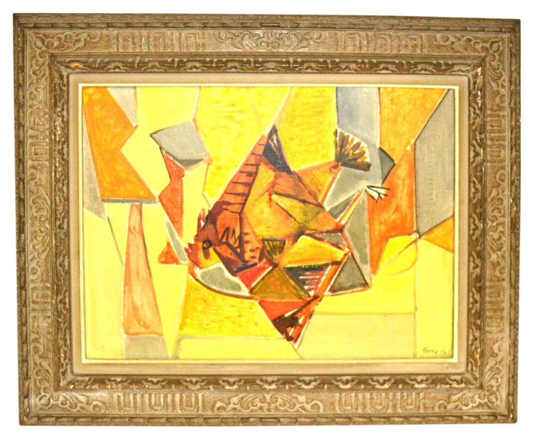 Francisco Bores, O/C- "Poulet Sur Fond Jaune": Cubist abstract still life. Signed bottom right "Bores 44". Verso top stretcher bar bears typewritten gallery label with title "No. 85 Bores/Poulet Sure Fond Juane, 1944". [Art: 17 3/4" x 23 1/2"; Fra