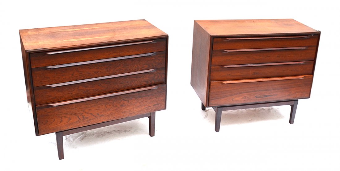 Pair of Modern Chests: Borge Mogensen pair of rosewood chests on stands, four drawers each. [35 1/2" W x 18 1/4" D x 31 1/2" H]