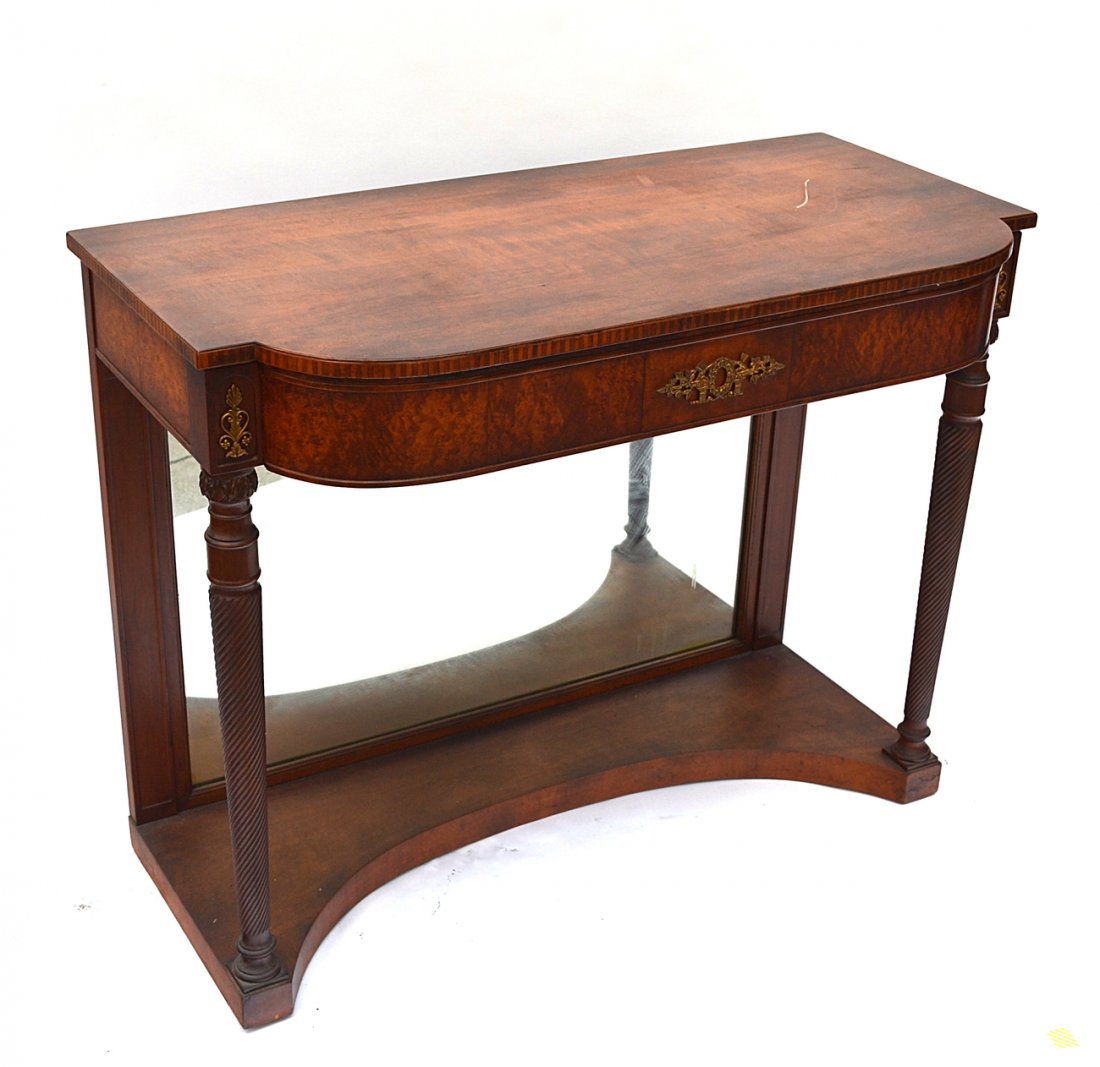 Regency Style Pier Console: Mahogany mirror back pier console, twist columns. [40" W x 20" D x 32 1/4" H]