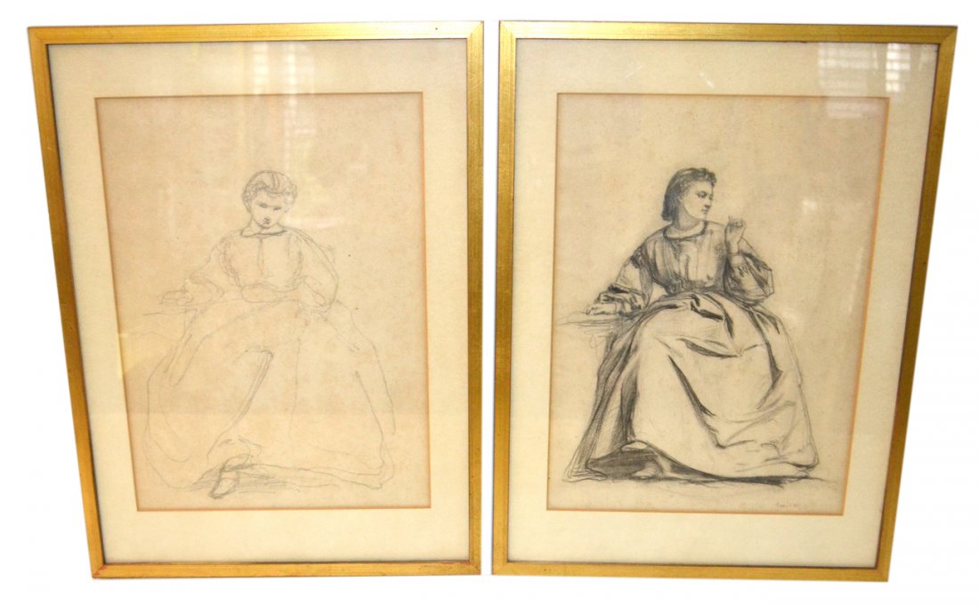 Jacob Taanman Two Pencil Drawings "Victorian Lady": One possibly a development sketch for the other. Depicting a woman seated at a table. [Both 14" x 10", in frames 18 3/4" x 13 3/8"]. The more resolved of the two is signed bottom right "Taanman" and b