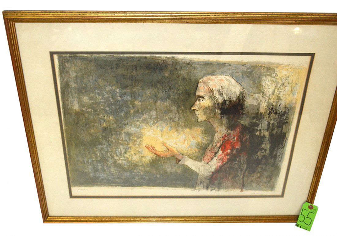 Jean Jansem Lithograph "Woman Holding Light": Stylized depiction of a woman with an outstretched arm holding a ball of light. Inscribed "Essai" [Trial Proof] at bottom left and signed "Jansem" at right. [Image 15" x 22" on larger sheet. Frame 23