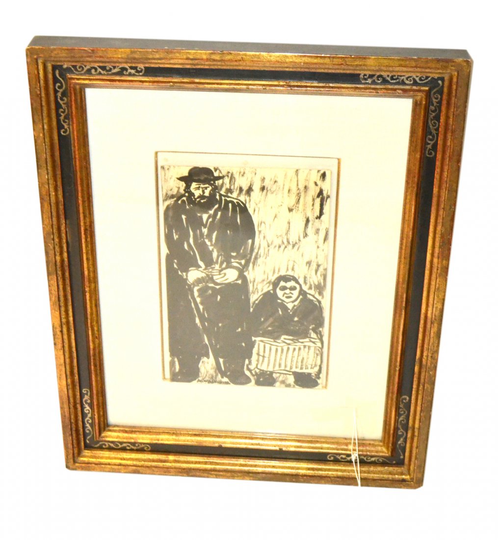 Abraham Walkowitz, Brush & Ink "Religious Couple": Depicts a man with a cane beside a seated woman. Signed bottom left "A. Walkowitz." [Image 10 1/2" x 6 3/4". Frame 20 1/8" x 14 3/8"]. Clipped to edge, age and toning.
