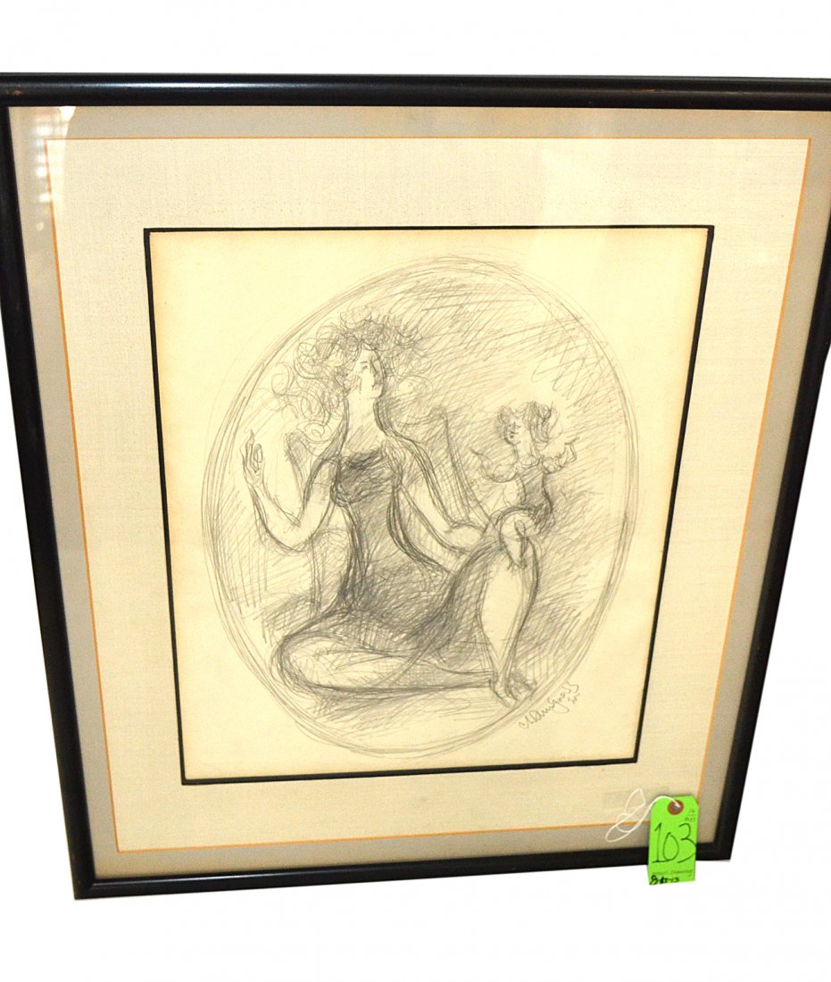 Chaim Gross Pencil Drawing "Mother and Child": Gestural composition wthin an oval. Signed bottom right "Chaim Gross/55." [Image 17" x 13". Frame 26 1/2" x 22 1/4"]. Toning and light matte burn.