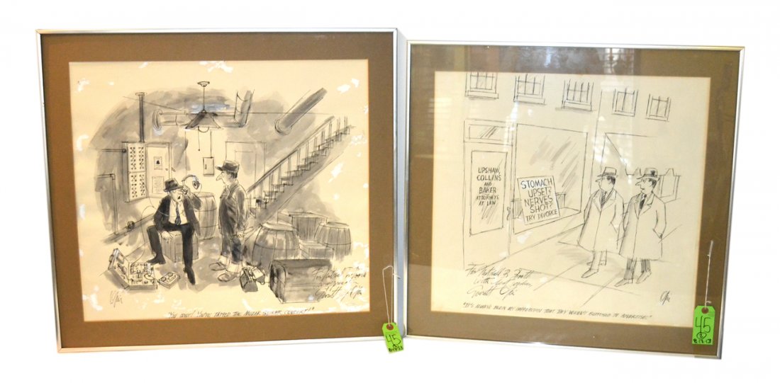 Everett Opie Two Pen and Ink Original Cartoons: Both inscribed to Mitchell B. Booth and signed twice "Everett Opie" and "Opie". Each bear satirical captions, one concerning divorce attorneys, the other, government wiretapping. Both have multiple wh