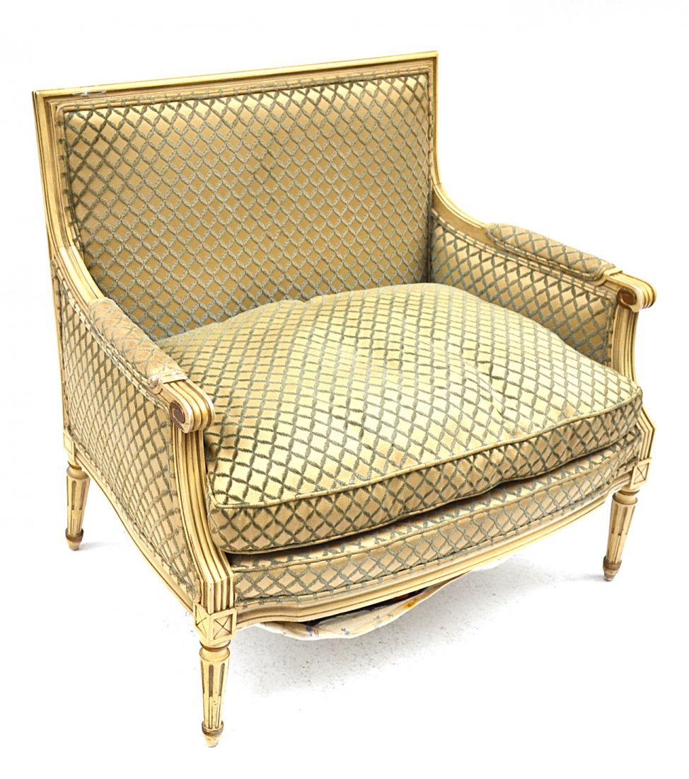 Louis XV Style Loveseat: Painted creme with green upholstery marquise loveseat. [36 1/2" x 34 1/2" (back) x 19" H to seat]. Marquise stained.