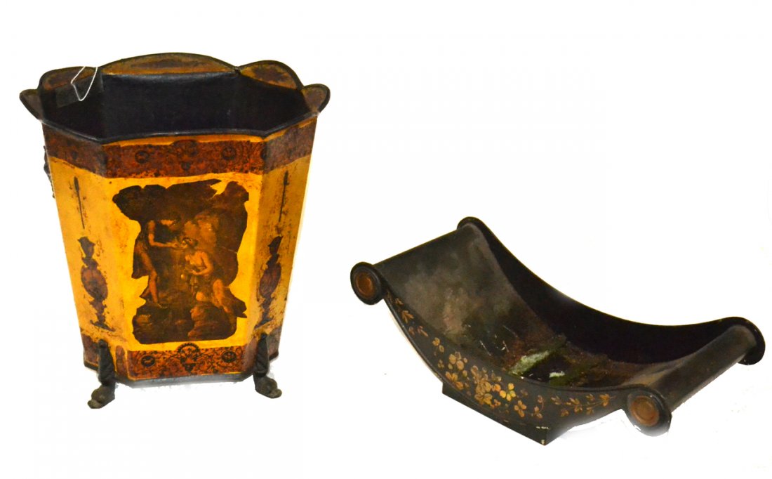 Two Vintage Tole Articles: Comprises 1) octagonal yellow tole bin on dolphin head feet with decoupage engraved elements throughout. [11 1/2" x 10 1/4" x 11 3/4" H]. 2) Black painted with floral spray design centerpiece bowl. [1
