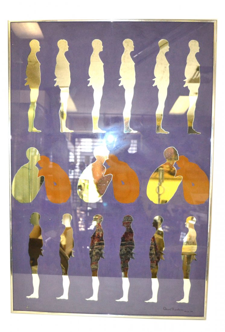 Oscar Rodriguez, Mirrored Abstract: Abstract composition with mirrored figures in silhouette against a painted purple background. Signed bottom right "Oscar Rodriguez Mes. 70". Art [35" x 23 3/4"]. Frame [35 3/4" x 24 3/8"]. Complete.