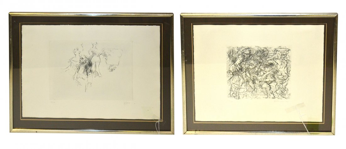 Jack Levine Two Etchings "Figural Compositions": Comprises 1) Abstract with men in tuxedos with yarmulkes and two women. Numbered "60/100" and signed bottom right "J. Levine" [Plate impression 9" x 12". Frame 18" x 23 1/2".] 2) Bacchanalian scene wi
