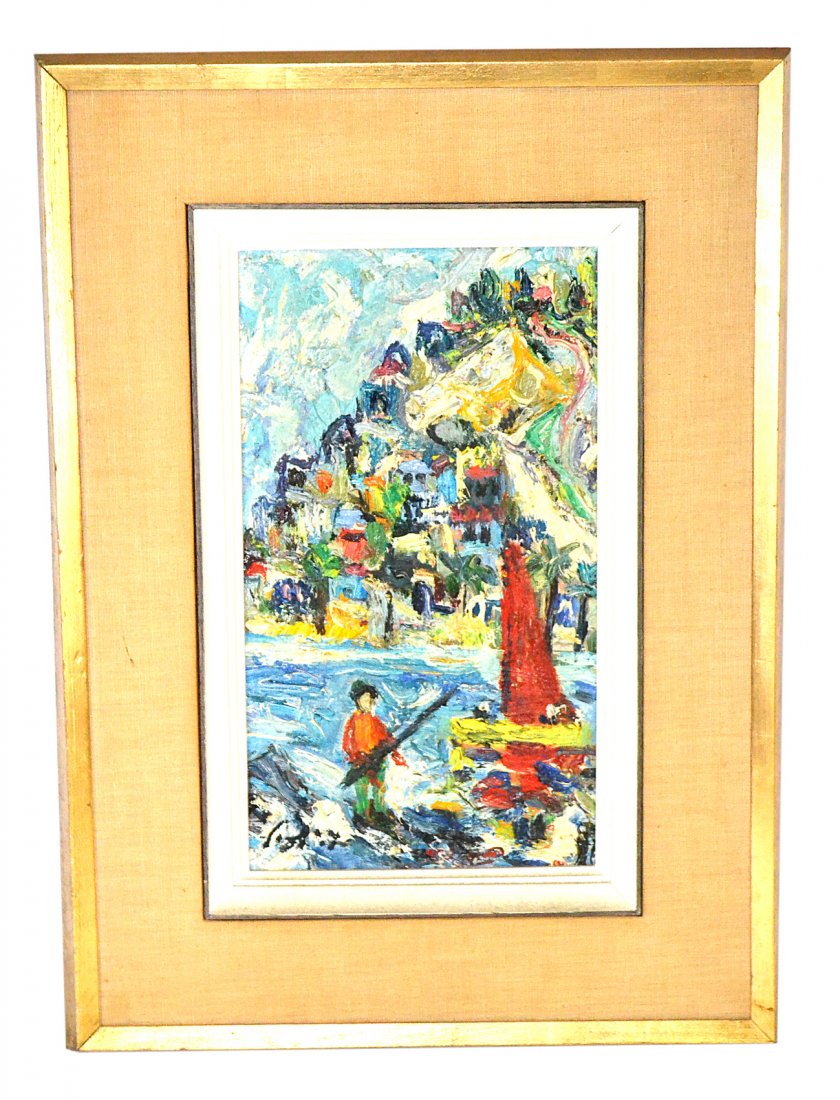 Amos Yaskiel O/C "Tiberias": Abstract composition with a figure on a raft and cityscape in the background. Signed bottom left in Hebrew and on stretcher in English "Amos Yaskil, Tiberias 1967". [Image 12 1/2" x 7". Frame 20" x 14