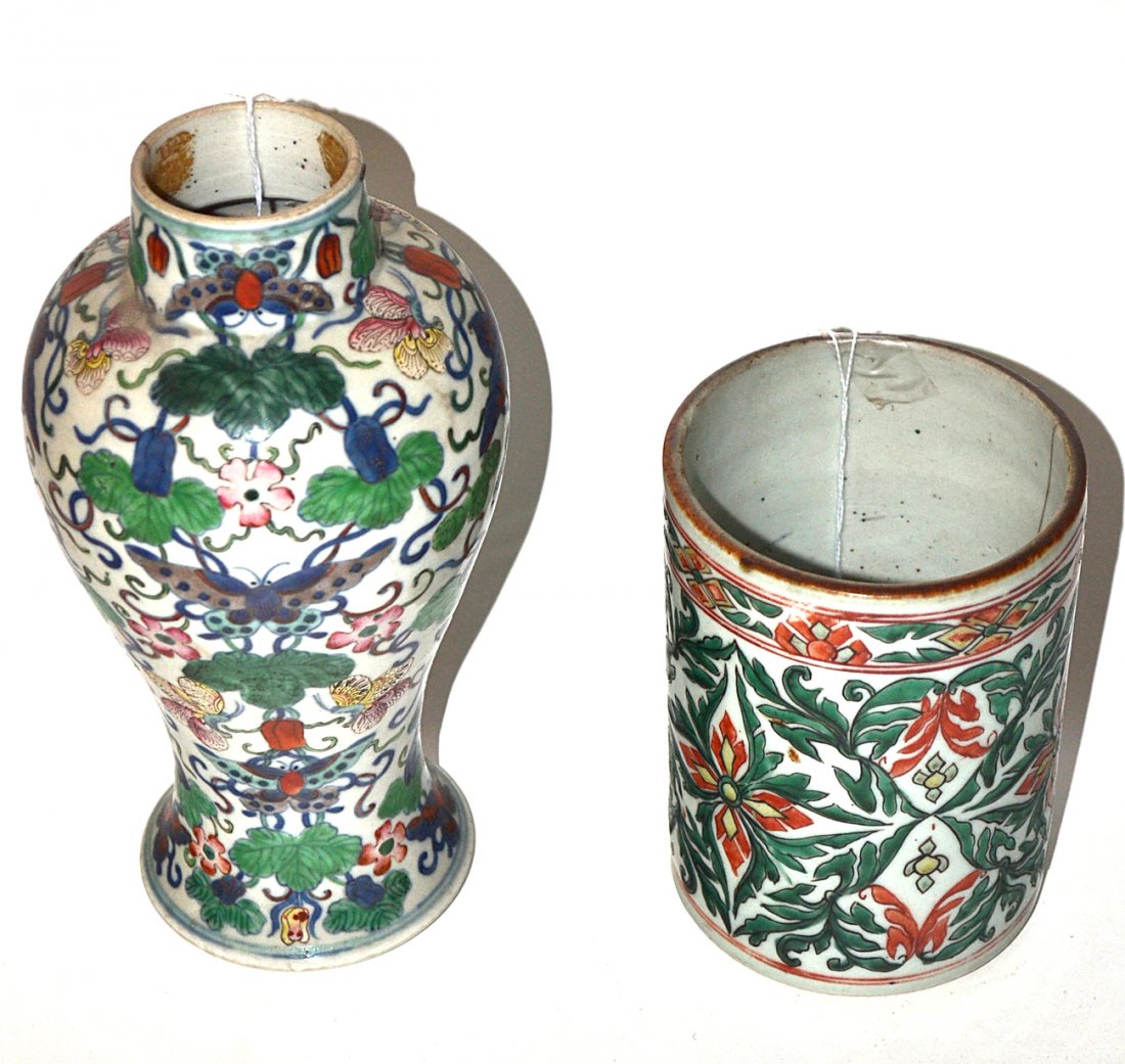 Asian Glazed Earthenware Brush Pot and Vase: Includes 1) Brush pot with al over hand painted glaze wih a geometric leafy flower design. [4 3/8" x 5 78" high]. Bears steel rivet repaired crack. 2) Vase with high shoulder and all over leafy floral