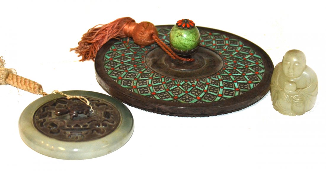 2 Chinese Hand Mirrors & A Small Jade Carving: One with jade rim, the other mirror mounted with coral and turquoise. Jade figure holding a vessel. [Largest: 6 1/8" Dia]