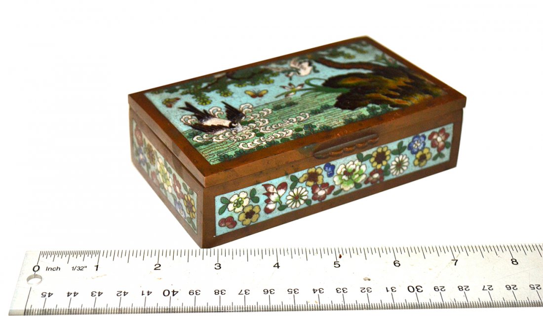 Cloissone Enamel Box: Features a lid with herrins diving into water and sides with floral decor. [5 5/8" x 3 1/2" x 1 5/8" H]. Pitting and scratches on trim.