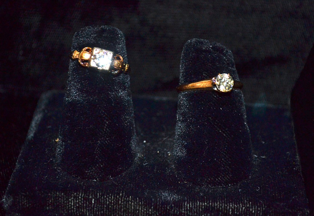 Two Rings: 14K yellow gold diamond lady's engagement ring; Together with a 14K yellow gold diamond lady's solitaire ring [1.1 dwt].