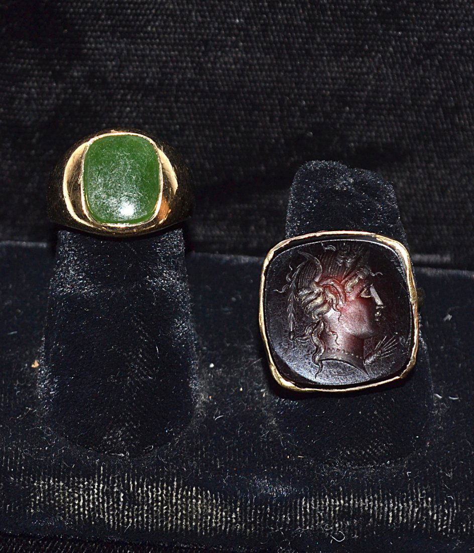14K Yellow Gold Sardonyx Intaglio Ring: Together with a yellow gold nephrite jade man's ring. [ring 3.8 dwt].