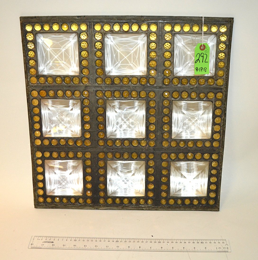 Lead Glass Panel: Leaded panel with nine individual crystal tiles. Each trimmedwith rosette form crystals. [19" square]. Good condition.