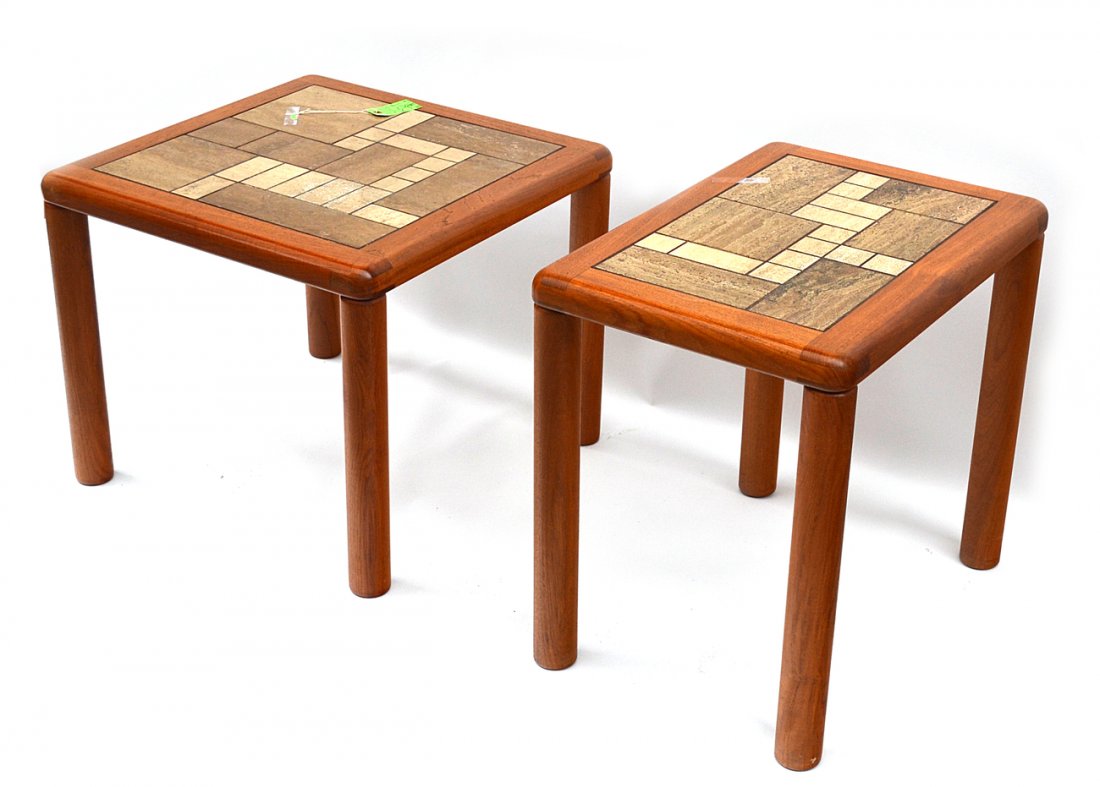 Set of Two Danish Side Tables: Comprises two Danish tile top tables by Haslev, bearing circular metal Haslev tags on bottom. [One 24" square x 19 1/2" H, the other 24" x 17" x 22 1/4"]. Good condition.