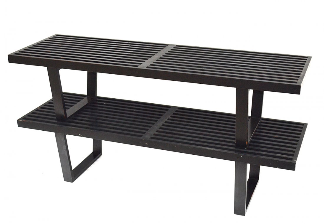 Pair of Vintage George Nelson Style Benches: Black painted benches in the manner of Nelson for Herman Miller with slat tops and tapering supports. [Each 56 1/2" x 18 3/8" x 14" H]. Some wear, structurally sound.