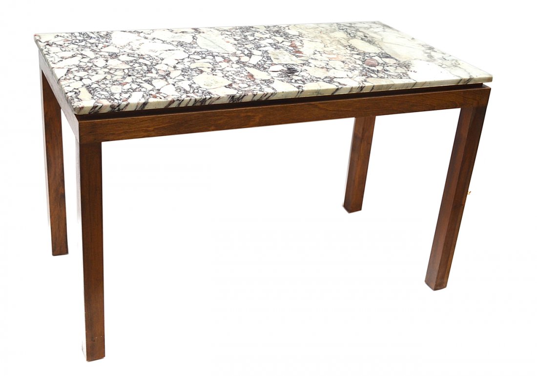 Modern Marble Top Console Table: Rectangular marble top table on walnut supports. [50" x 25 3/4" x 31" H]. Some wear on marble at corners with minor chips.
