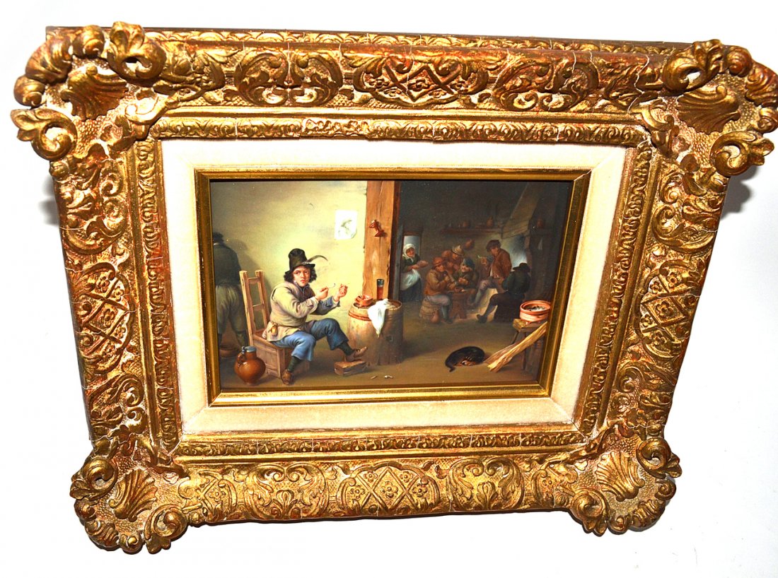 KMP Porcelain Plaque "Tavern Scene": Tavern genre scene with a youth seated alone lighting a pipe while others gather in the background. In the manner of H. Schweiner. Verso bears "KPM" and scepter impression. [Image 5 1/8" x 7 5/8"]. Go