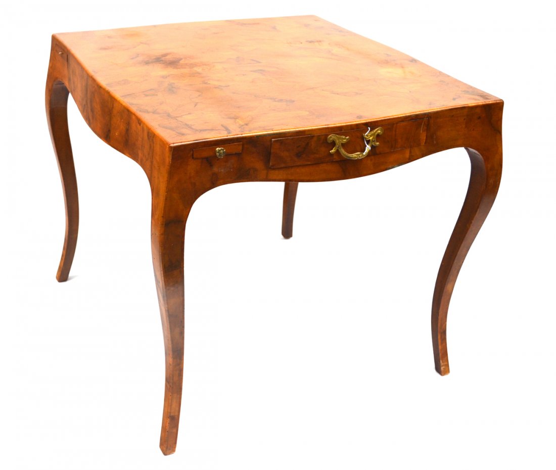 Olivewood Games Table: Italian style table with one drawer and four cup slides one at every corner). [31" x 31" x 29 1/4" H]. Good condition, one knob missing on a slide.