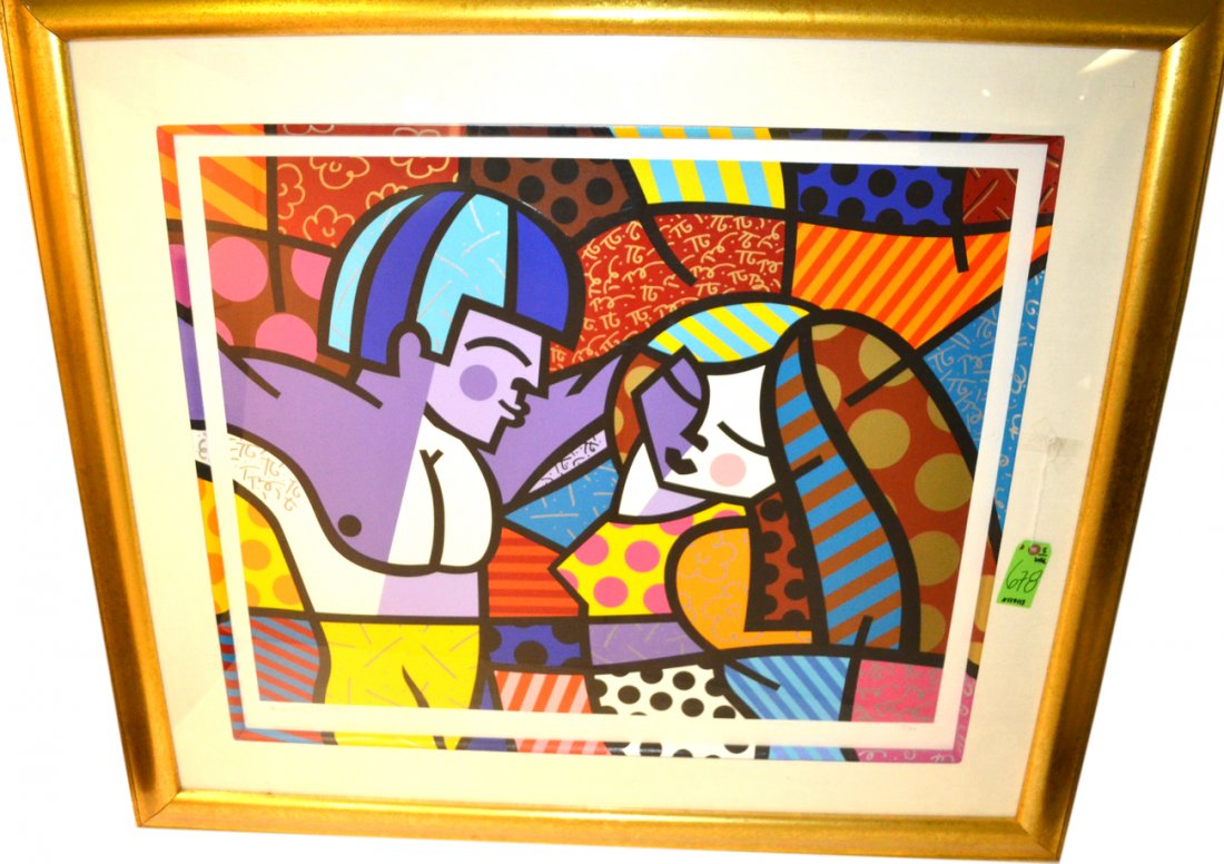 Romero Britto Lithograph "Figures": Framed multicolor abstract of male and female figures. Signed lower left, edition "95/300". [Art 29" x 35 1/2", Frame 42" x 48"]. Good condition.
