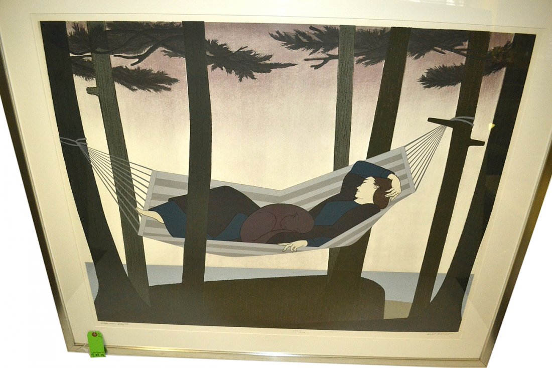 Will Barnet Lithograph "Summer Idyll": Framed lithograph of a woman in a hammock. Signed lower right, edition 132/300. [Art 31" x 38", Frame 39" x 47"].