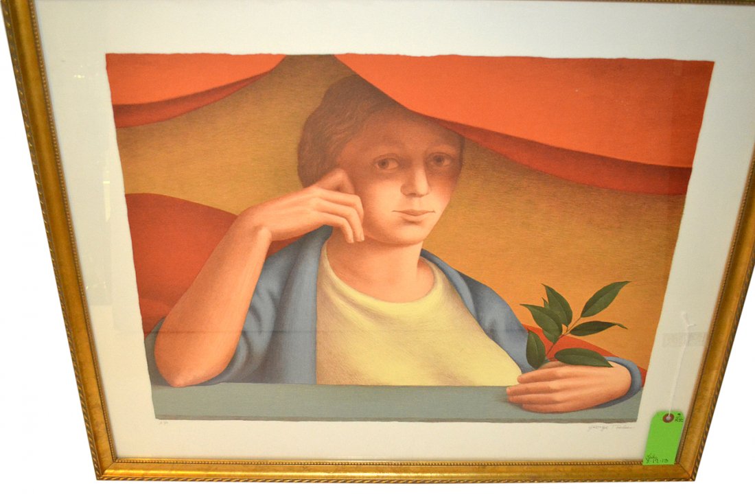 George Tooker Lithograph: Portrait of a figure holding a branch. Signed lower right artist proof. [Image 17 1/2" x 23 1/2", Overall 24 1/4" x 30 1/4"].