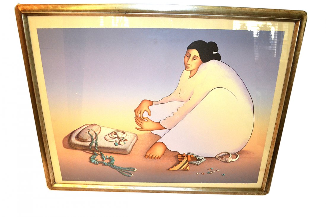 R.C. Gorman Lithograph "Native American Jewelry": Stylized depiction of a seated Native American woman working with a beaded necklace. Signed bottom left "R.C. Gorman 1995" and numbered right "160/200". [Art 24" x 32" on sheet trimmed to edge. Frame 