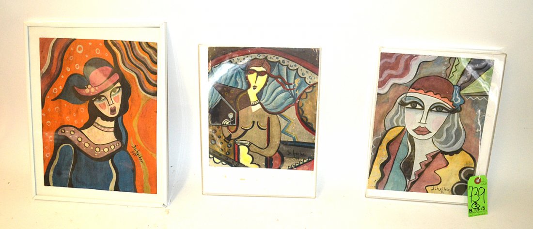 Hugo Scheiber Gouache on Artist's Board: "Deco Females" Vintage art deco paintings comprises 1) Woman with blue eyes wearing a hat. [Art 11" x 8 3/8"]. 2) Woman with wine glass. [Art 9 /8" x 8 3/8"]. 3) Woman singing [12" x 9 1/2"]. All sign