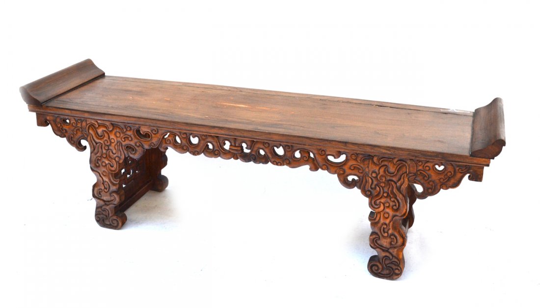 Chinese Window Bench: Antique ornate Chinese bench. [61 1/2" W x 16" D x 20" H]. Worn.