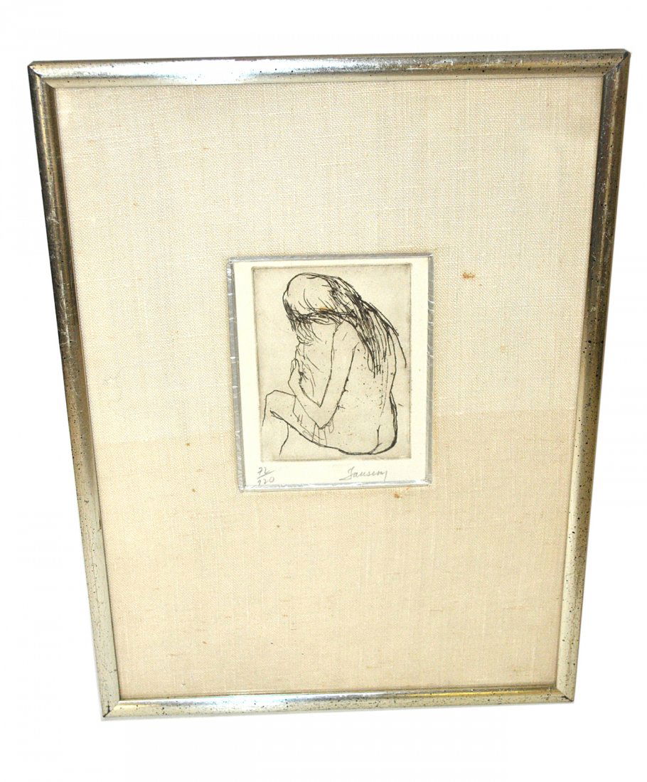 Jean Jansem Etching, 'Mother and Child': Depiction of a mother with her back to the viewer holding a swaddling baby. Numbered and signed in bottom margin "72/120 Jansem." [Image 4 5/8" on large sheet. Frame 15 5/8" x 11 5/8"].